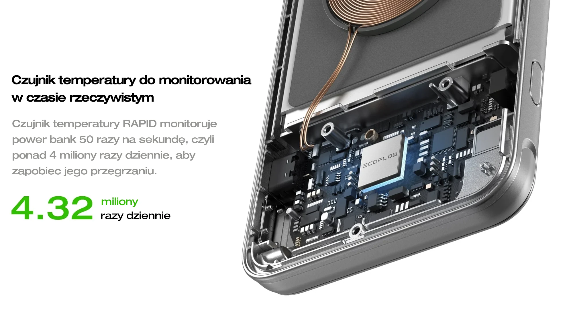 Czujnik temperatury w czarnym powerbanku magnetycznym Qi2 EcoFlow Rapid 5000 mAh